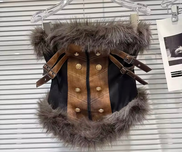 Women Fashion Strapless Fur Patchwork Corset Top