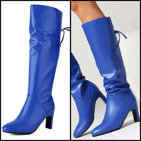 Women Blue Fashion Faux Leather Tie Up Knee High Boots