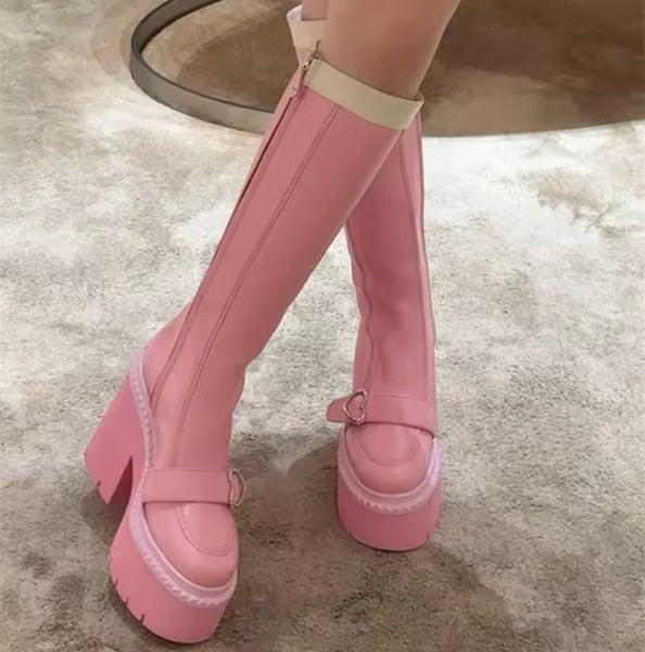 Women Fashion Pink Buckled Platform Zip Up Knee High Boots