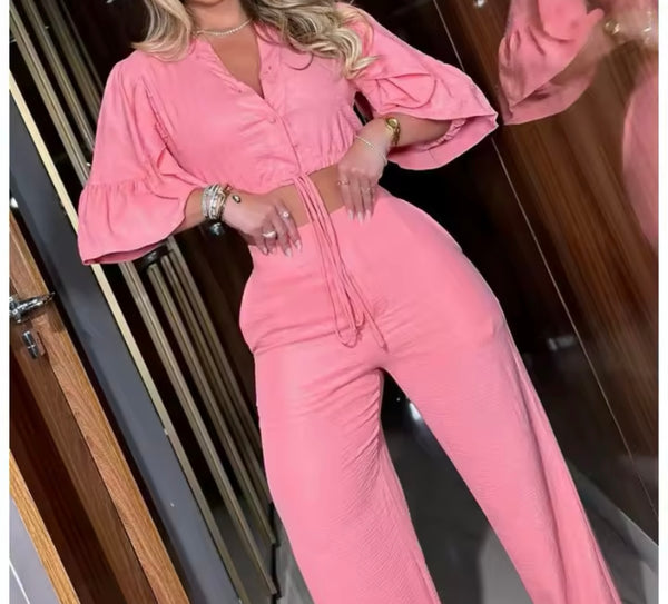 Women Pink Button Up Short Sleeve Two Piece Pant Set
