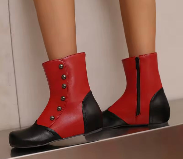 Women Color Patchwork Rivet Fashion Flat Ankle Boots