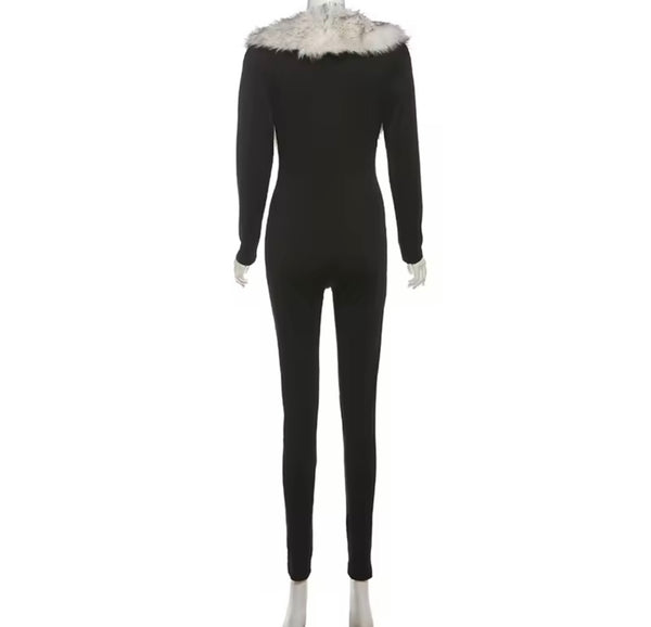 Women Black Faux Fur Patchwork Fashion Full Sleeve Jumpsuit