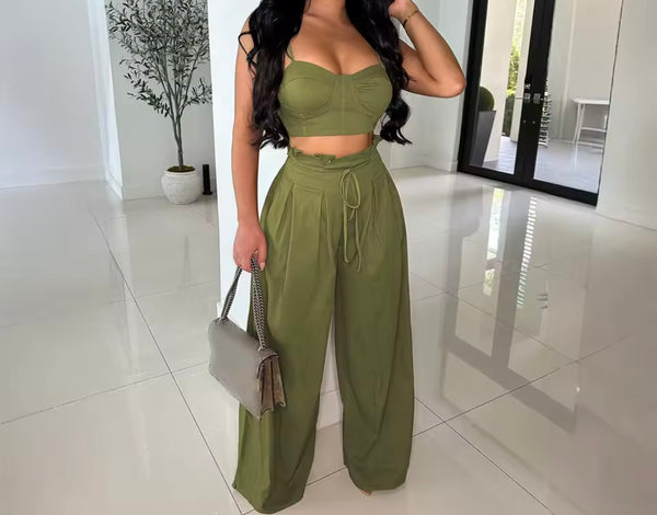 Women Color Sleeveless Crop Fashion Two Piece Wide Leg Pant Set