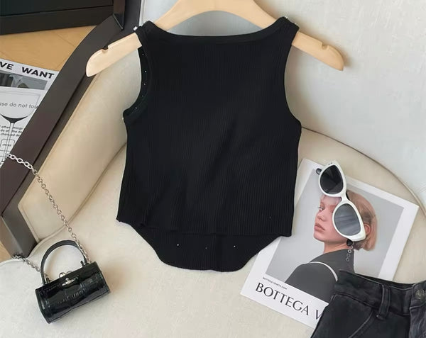 Women Sleeveless Fashion Ribbed Rhinestone Tank Top