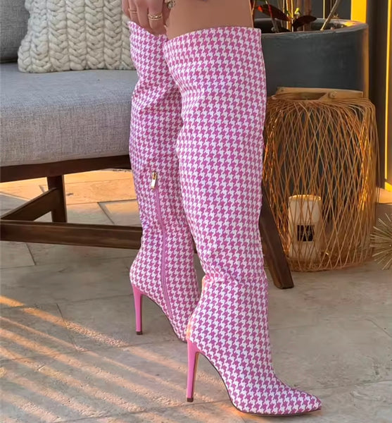 Women Fashion Color Plaid High Heel Knee High Boots