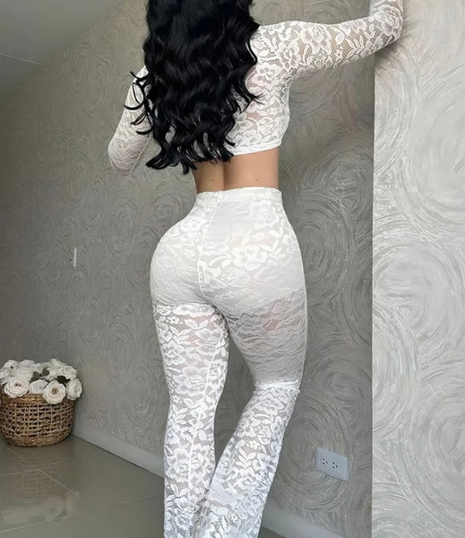 Women Sexy Lace Full Sleeve Crop Two Piece Pant Set