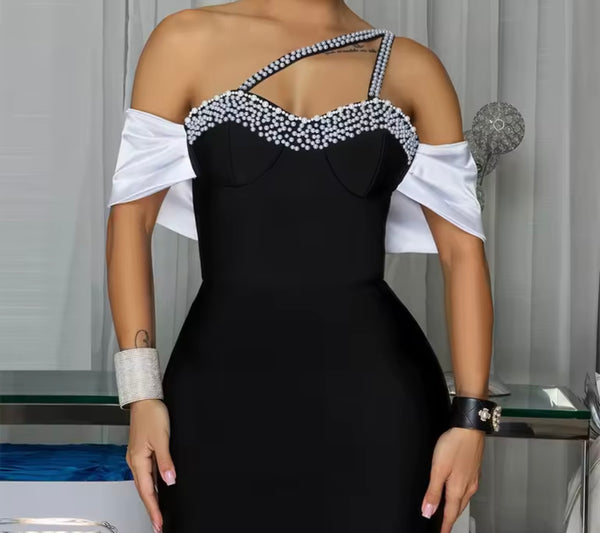 Women Sexy One Shoulder Pearl B&W Maxi Dress