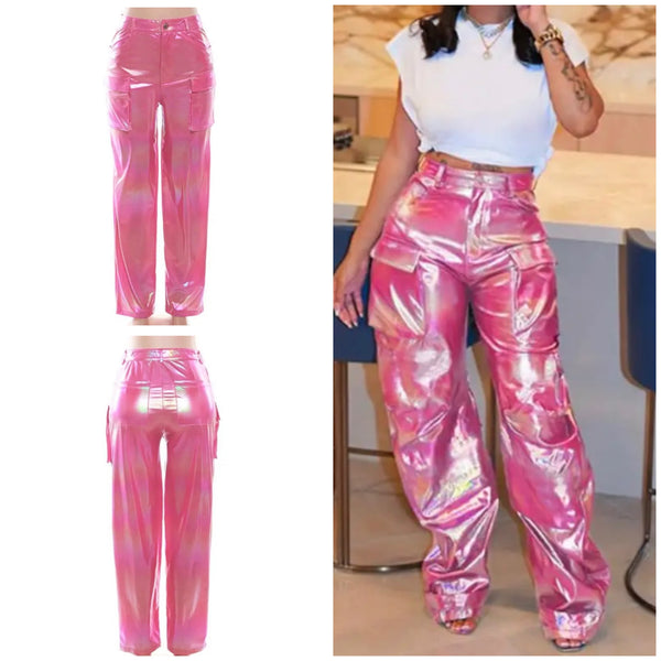 Women Pink Metallic Cargo Fashion PU Pants