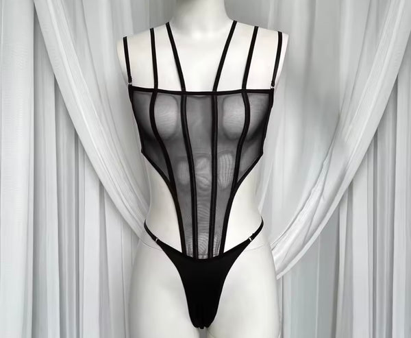 Women Sexy Black Sleeveless Mesh Bodysuit Lingerie