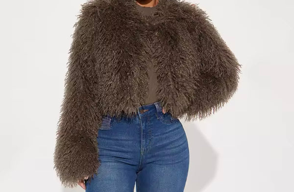 Women Brown Fashion Faux Fur Jacket Two Piece PU Short Set