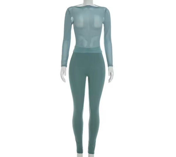 Women Mesh Full Sleeve Two Piece Sexy Pant Set