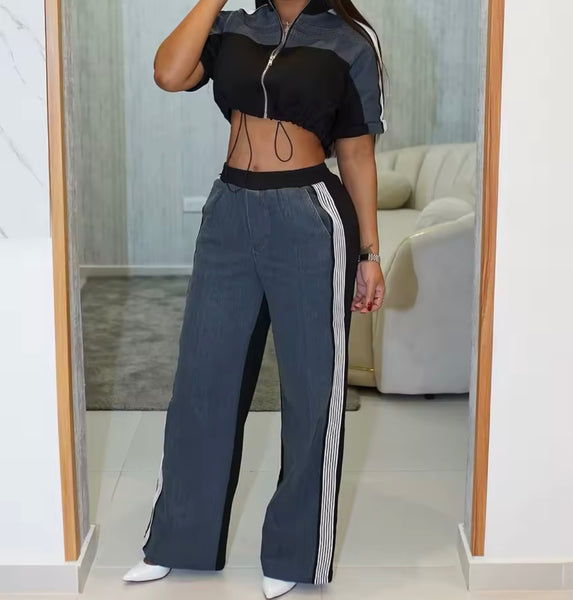 Women Fashion Color Patchwork Zip Up Short Sleeve Two Piece Pant Set