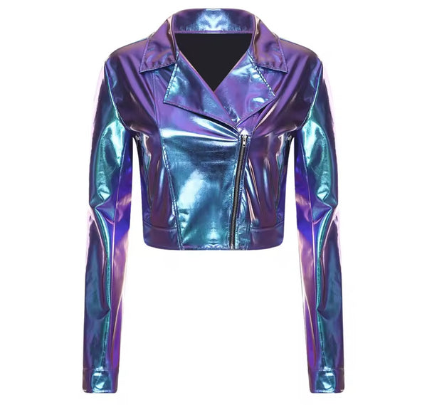 Women Fashion Color Zip Up Metallic PU Jacket