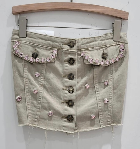 Women Fashion Button Up Strapless Pink Rhinestone Denim Crop Top