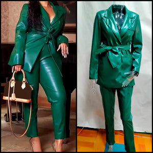 Women Green Fashion Faux Leather Full Sleeve Two Piece Pant Set