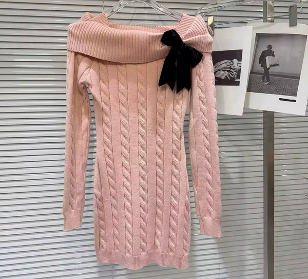 Women Sexy Off The Shoulder Bow Full Sleeve Sweater Dress