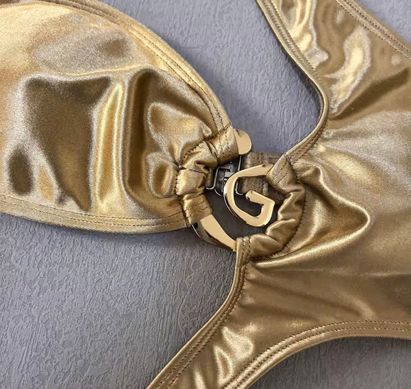 Women Sexy Gold One Shoulder Cut Out Swimsuit