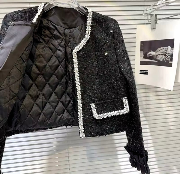 Women Black Sexy Sequins Bling Blazer Two Piece Skirt Set