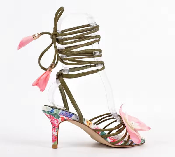 Women Fashion Floral Lace Up High Heel Sandals
