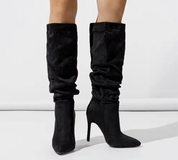 Women Fashion Suede Ruched Knee High Boots