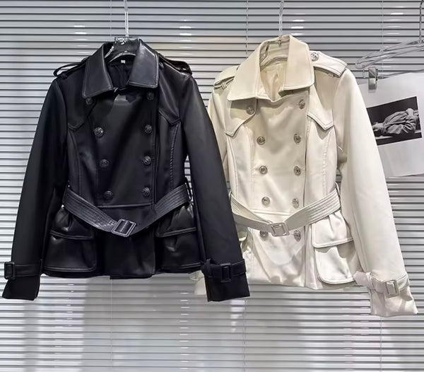 Women Fashion Button Belted Faux Leather Jacket