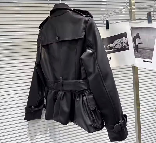 Women Fashion Button Belted Faux Leather Jacket