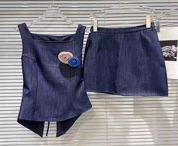 Women Fashion Sleeveless 3D Floral Denim Two Piece Skirt Set