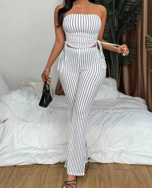 Women Strapless B&W Striped Tube Top Two Piece Pant Set