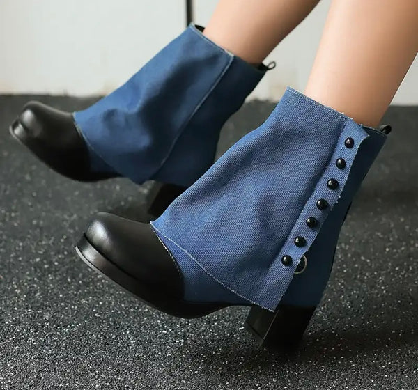 Women Fashion Button Denim Ankle Boots
