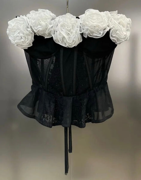 Women Sexy Strapless B&W Rose Mesh Corset Top