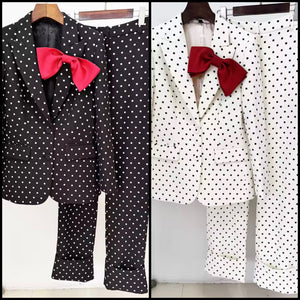 Women Fashion Bow Button Up Polka Dot Blazer Two Piece Pant Set