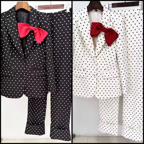 Women Fashion Bow Button Up Polka Dot Blazer Two Piece Pant Set