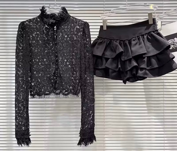 Women Sexy Lace Full Sleeve Two Piece Ruffled Skirt Set
