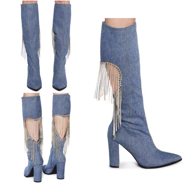 Women Denim Cut Out Heart Rhinestone Tassel Knee High Boots