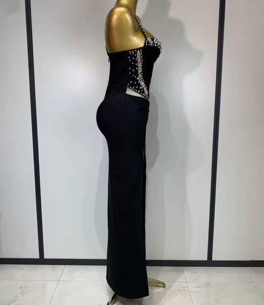 Women Sexy Sleeveless Mesh Rhinestone Patchwork Maxi Dress