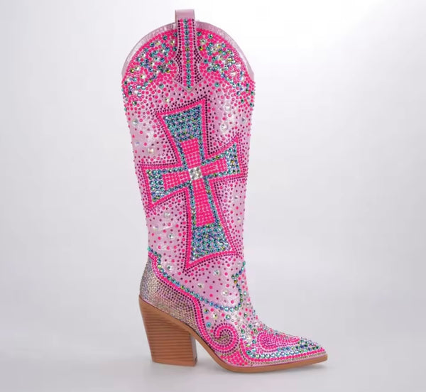 Women Fashion Colorful Print Bling Knee High Western Boots