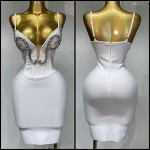 Women Sexy Sleeveless White Rhinestone Bandage Dress