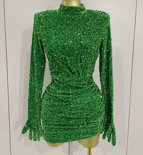 Women Green Sequins Sexy Glove Full Sleeve Ruched Dress