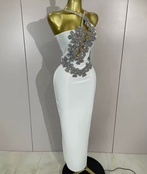 Women White Floral Rhinestone Sleeveless Sexy Maxi Dress