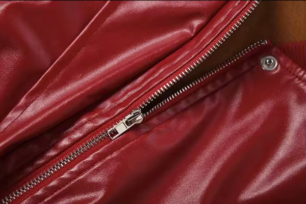Women Fashion Red Faux Leather Jacket Two Piece Capri Pant Set