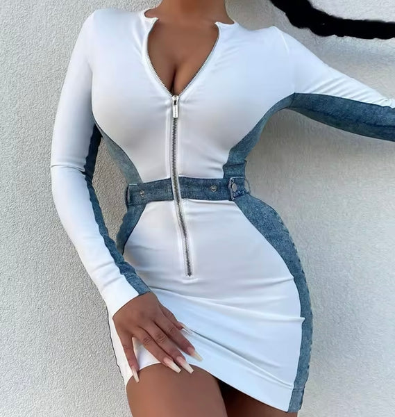 Women White Denim Patchwork Zip Up Full Sleeve Sexy Dress