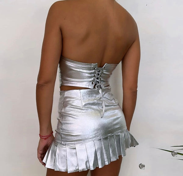 Women Sexy Silver Strapless Two Piece Pleated Skirt Set