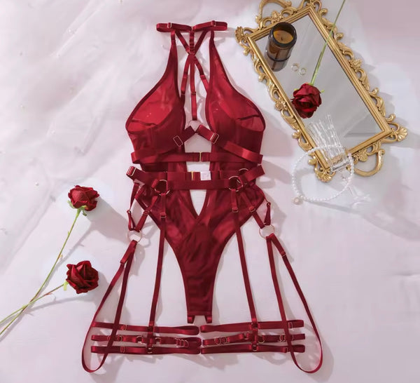 Women Burgundy Sexy Halter Sleeveless Mesh Bodysuit Lingerie