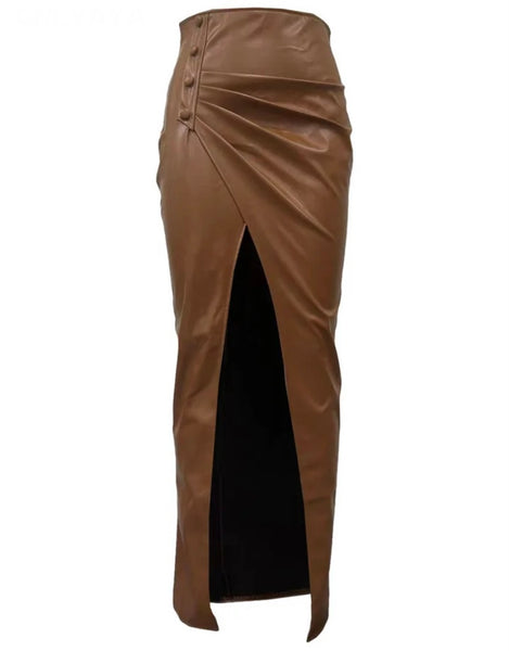 Women Sexy Solid Color Side Slit Faux Leather Maxi Skirt