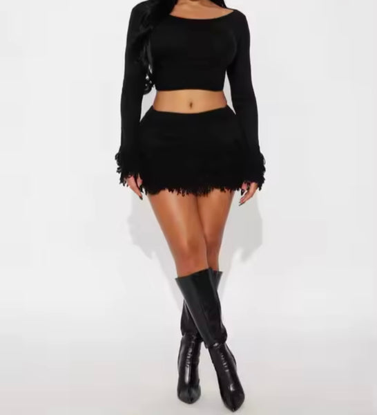 Women Color Fashion Full Sleeve Fringe Two Piece Skirt Set