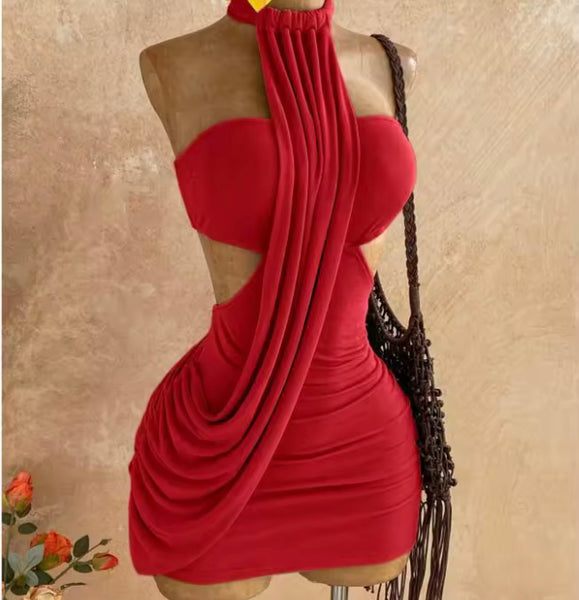 Women Sexy Halter Sleeveless Ruched Short Dress