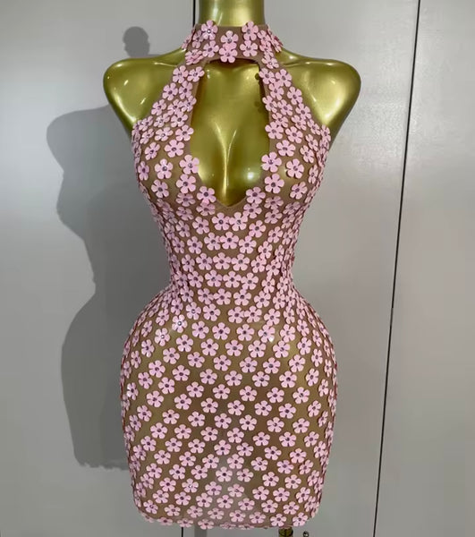 Women Pink Halter Sleeveless Sexy Floral Mesh Dress