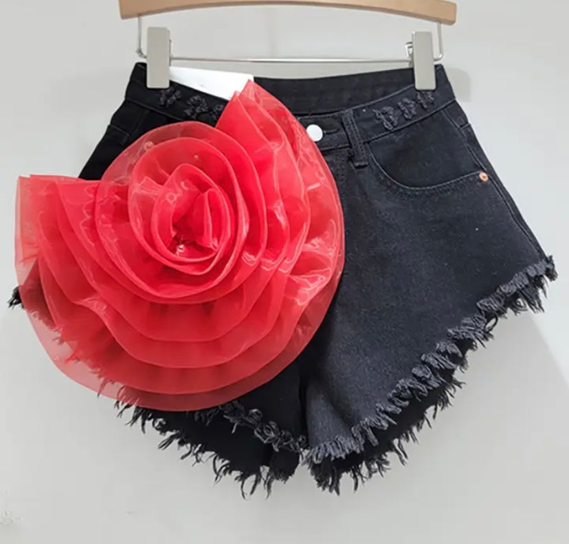 Women Fashion Fringe Denim Floral Shorts