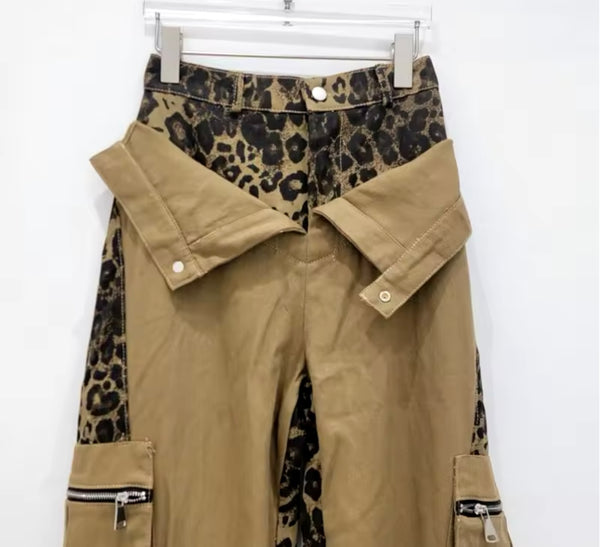 Women Fashion Khaki Leopard Patchwork Cargo Denim Pants