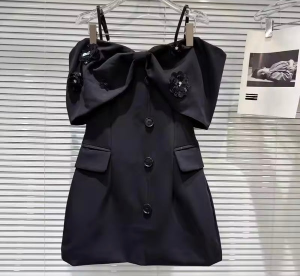 Women Black Bow Off The Shoulder Button Up Pocket Dress